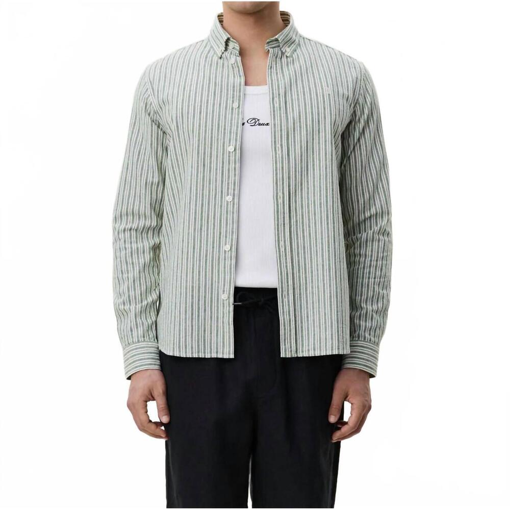 NEW LES DEUX stripe cotton linen shirt in artichoke green